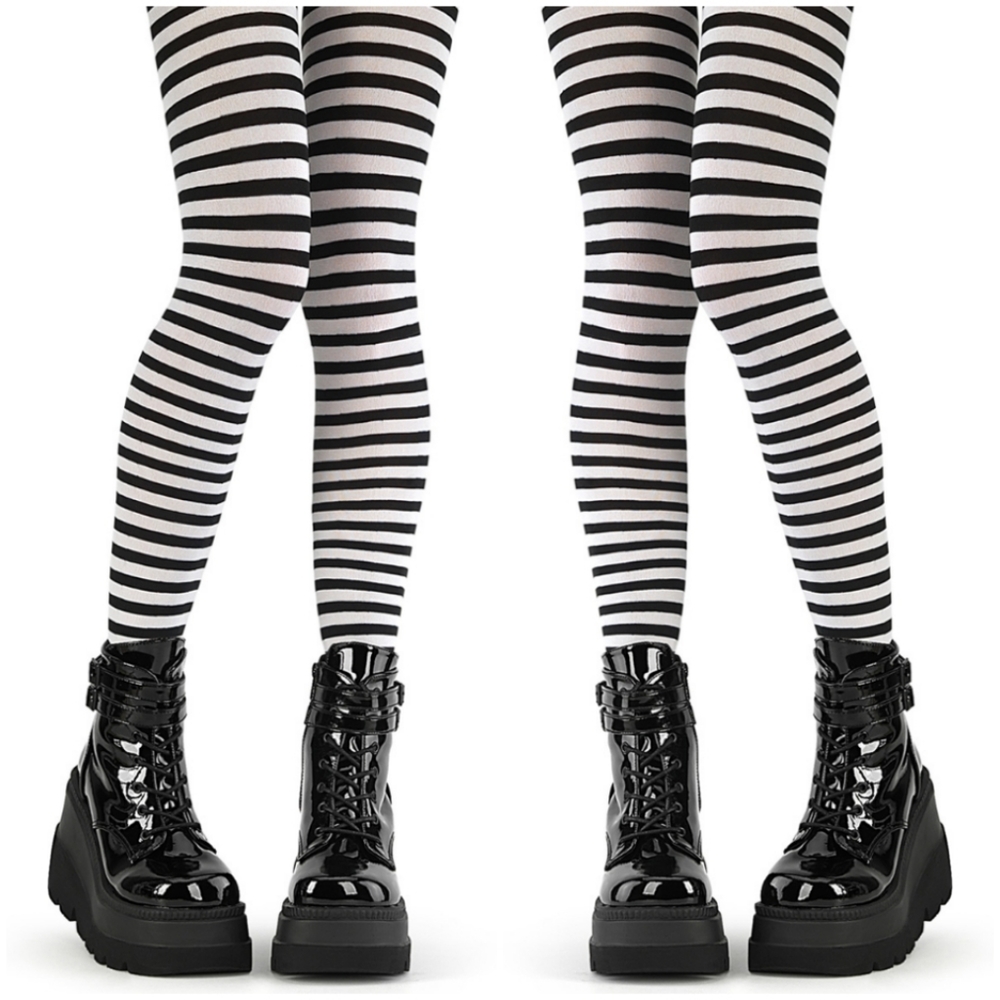 Gothic Black And White Opaque Striped Tights